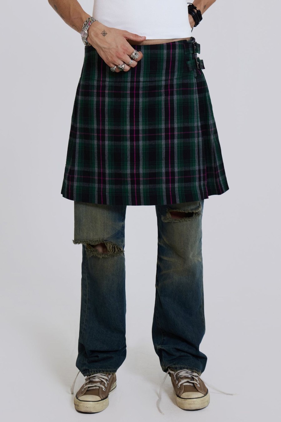 Men Jaded London Jeans | Green Check Mini Fraser Kilt