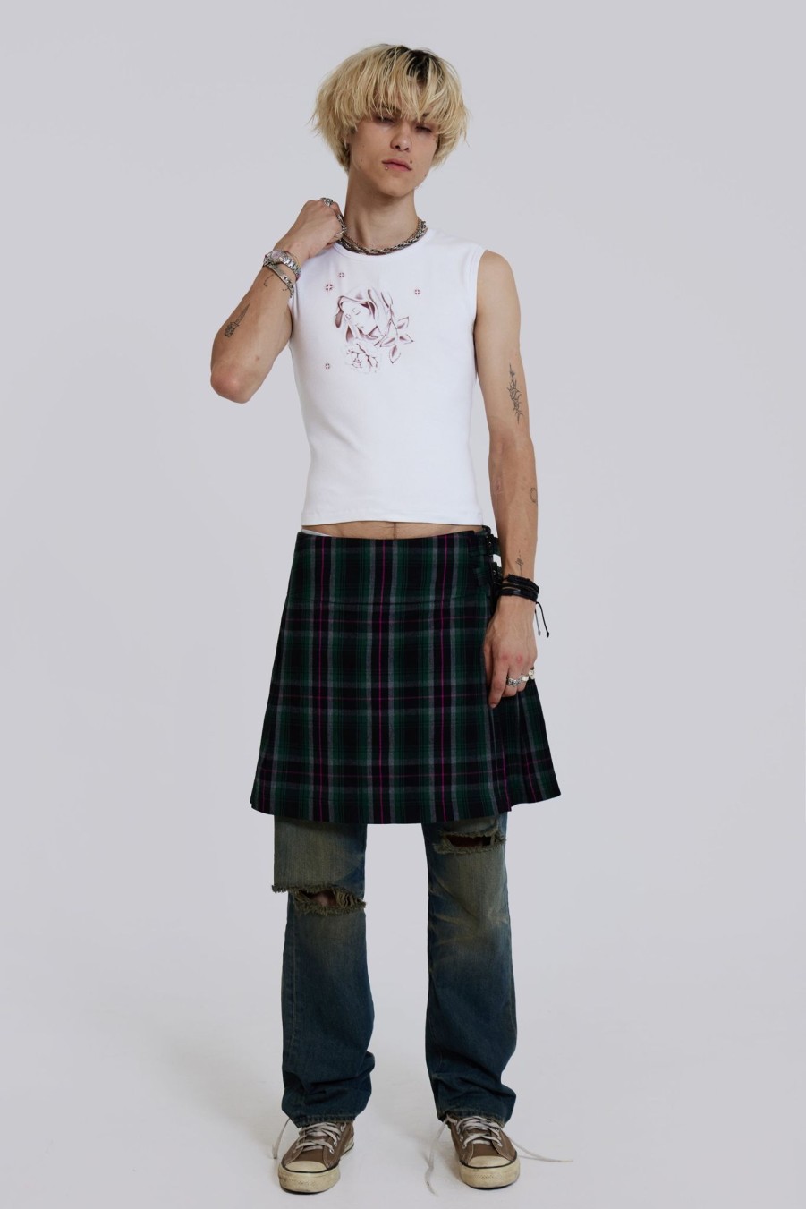 Men Jaded London Jeans | Green Check Mini Fraser Kilt