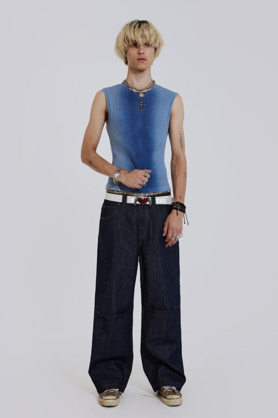 Men Jaded London Baggy Jeans | Raw Blue Denim Razor Jeans