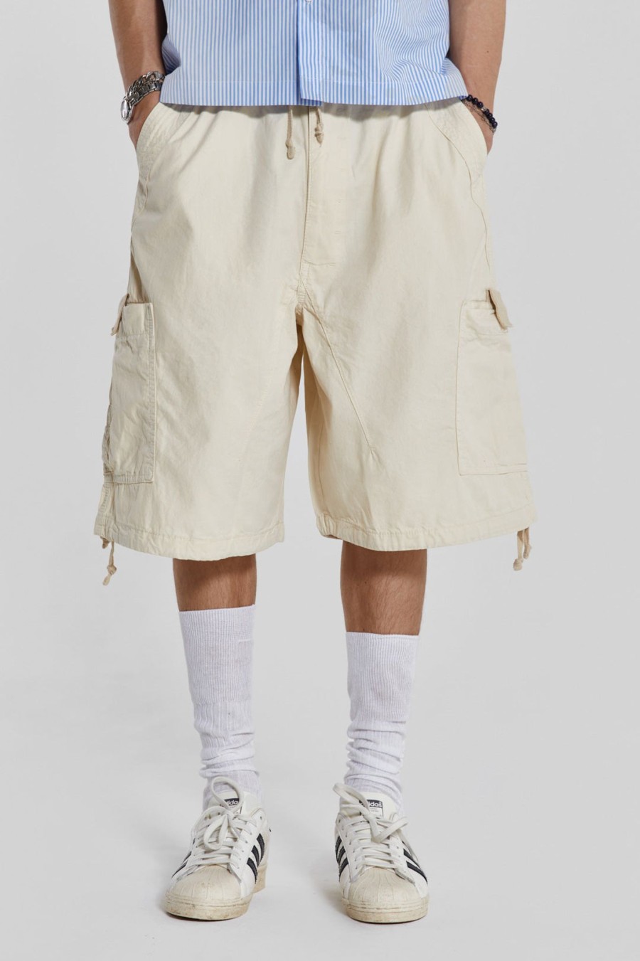 Men Jaded London Parachute Pants | Ecru Parachute Cargo Shorts