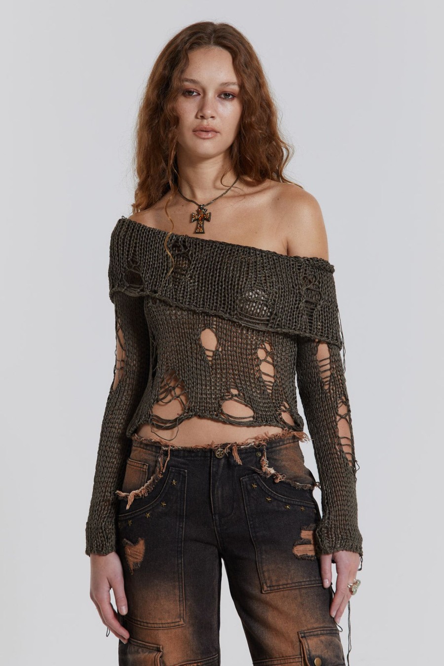 Women Jaded London Knitwear | Esra Laddered Knit Off The Shoulder Top