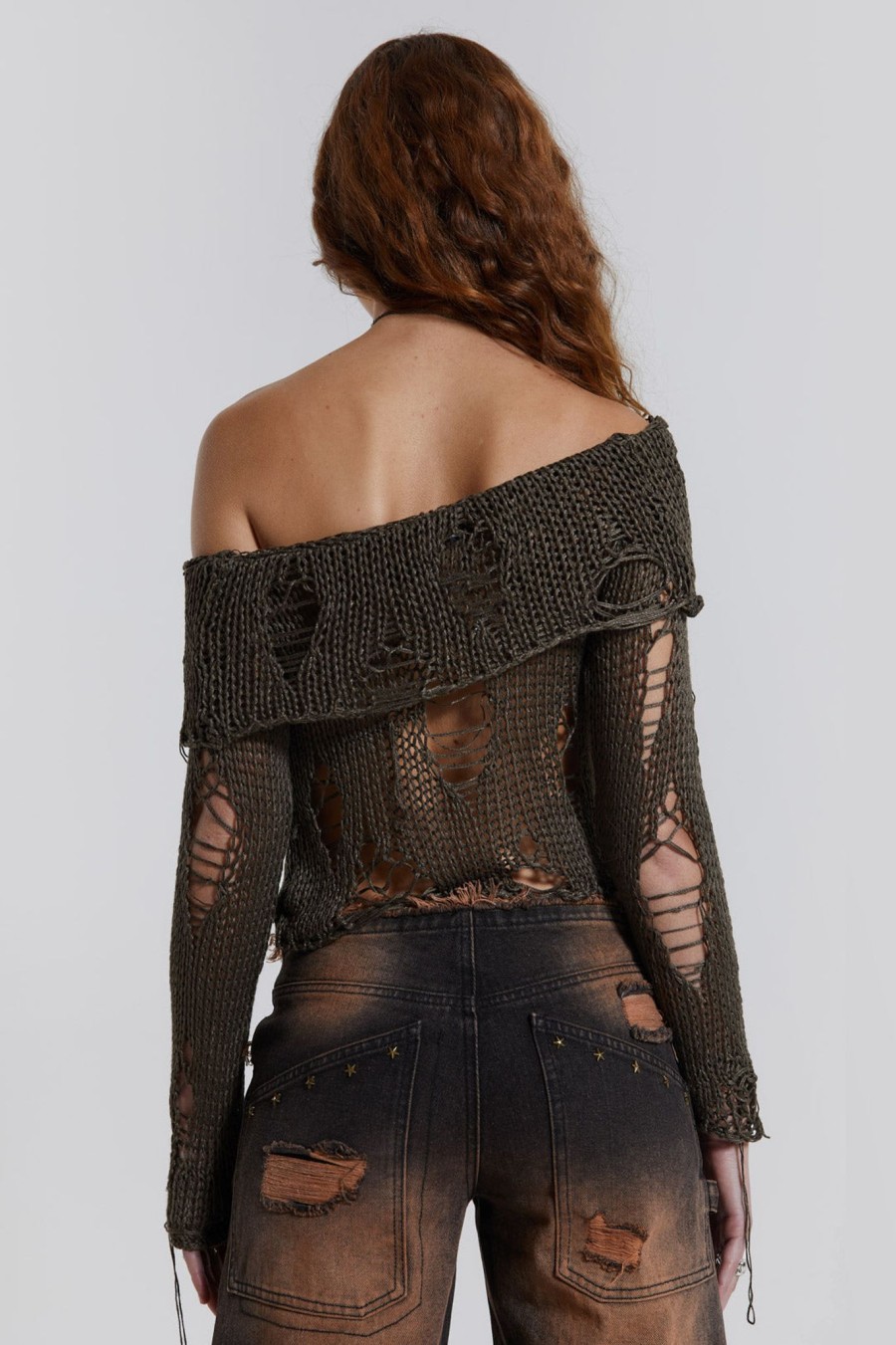 Women Jaded London Knitwear | Esra Laddered Knit Off The Shoulder Top