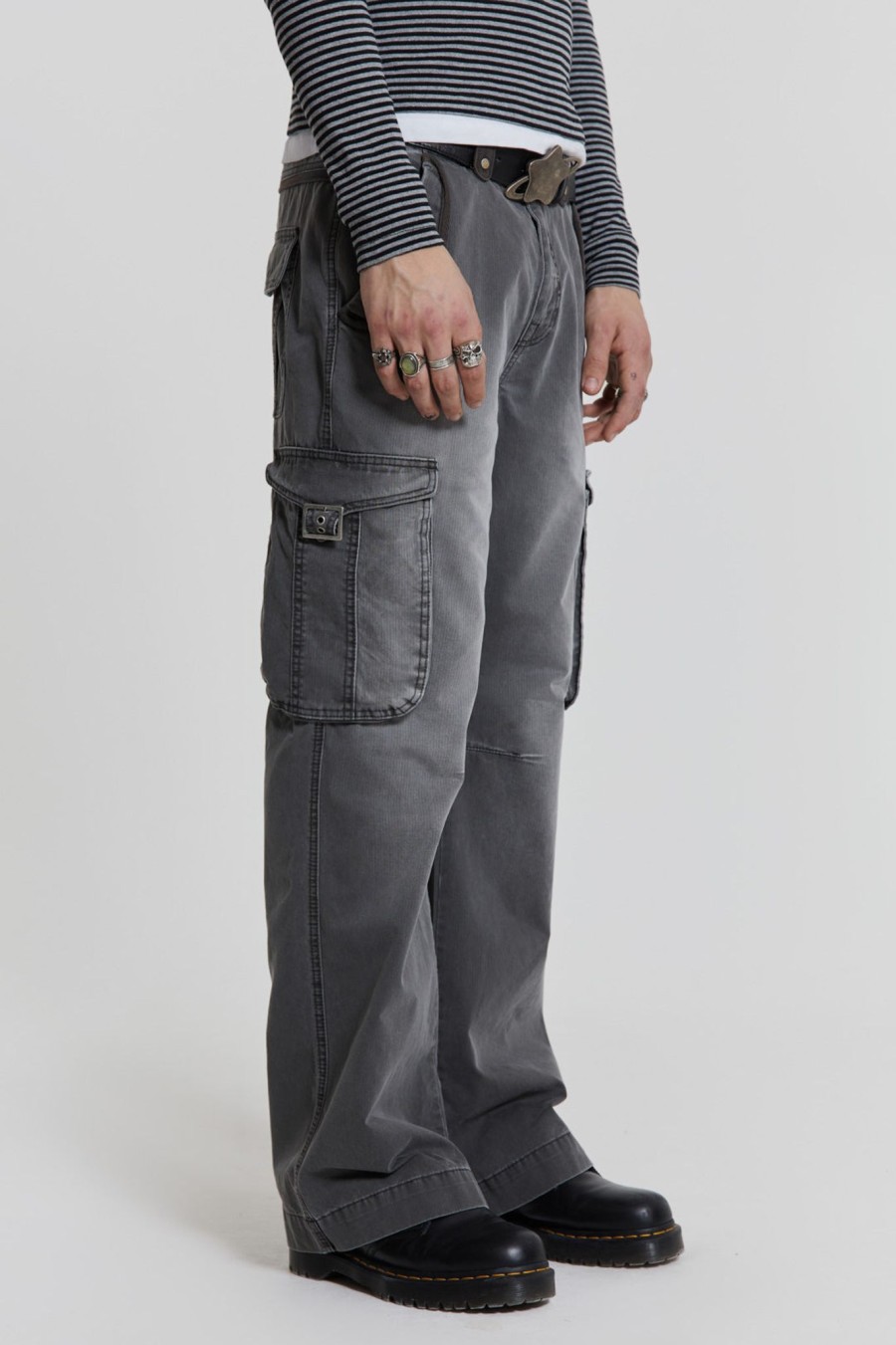 Men Jaded London Cargo Pants | Grey Slub Denim Cargos