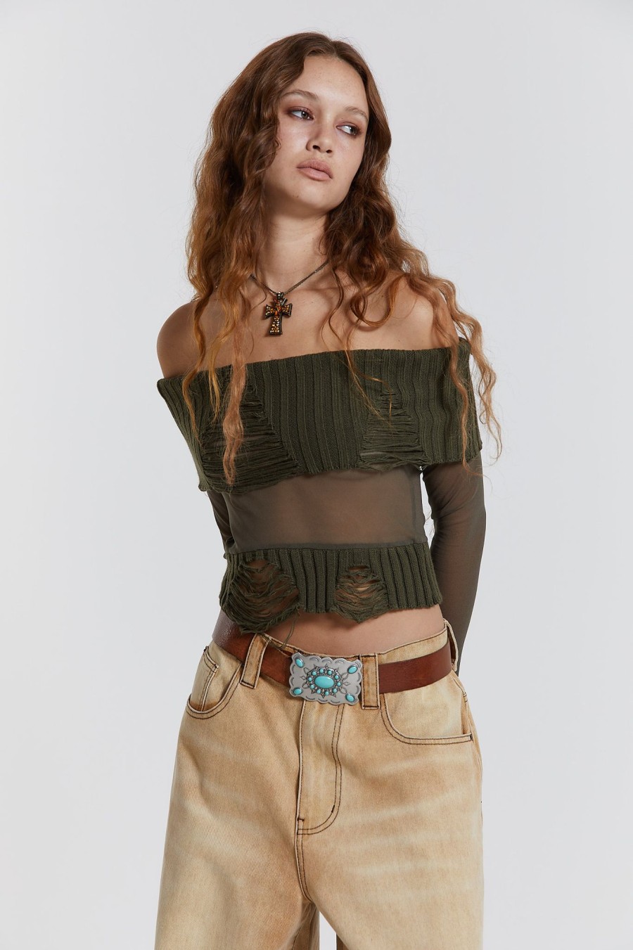 Women Jaded London Knitwear | Nova Off The Shoulder Mesh Top