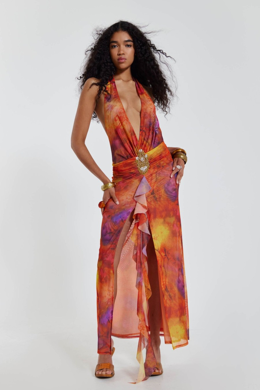 Women Jaded London Maxi Dresses | Cindy Plunge Maxi Dress In Orange