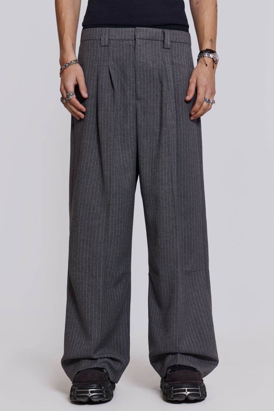 Men Jaded London Trousers & Pants | Goliath Light Grey Pinstripe Suit Pants