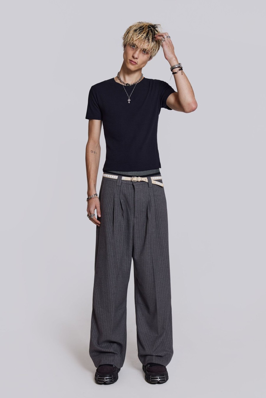 Men Jaded London Trousers & Pants | Goliath Light Grey Pinstripe Suit Pants