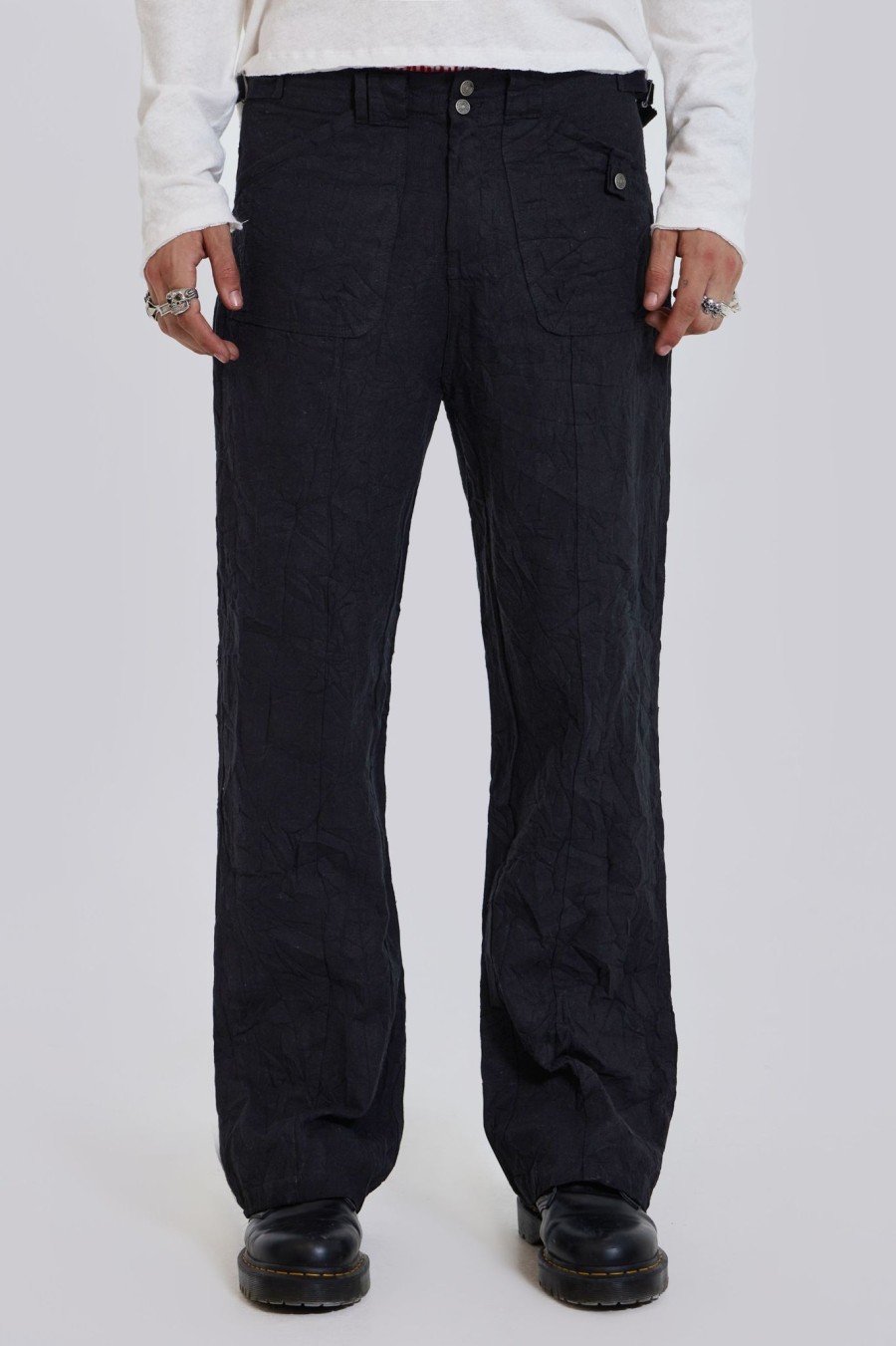 Men Jaded London Cargo Pants | Black Creased Pants