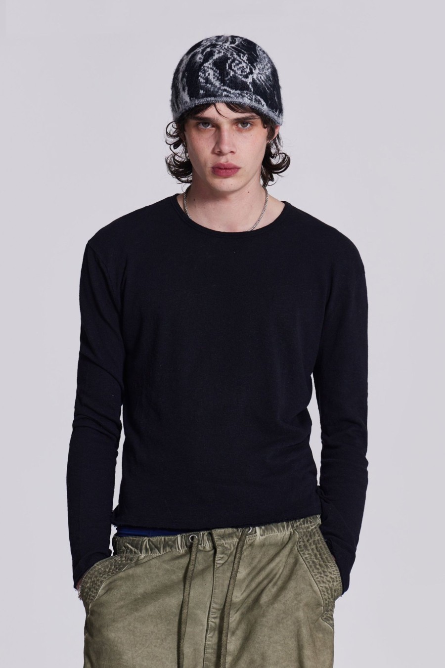 Men Jaded London T-Shirts | Washed Black Long Sleeve Slub