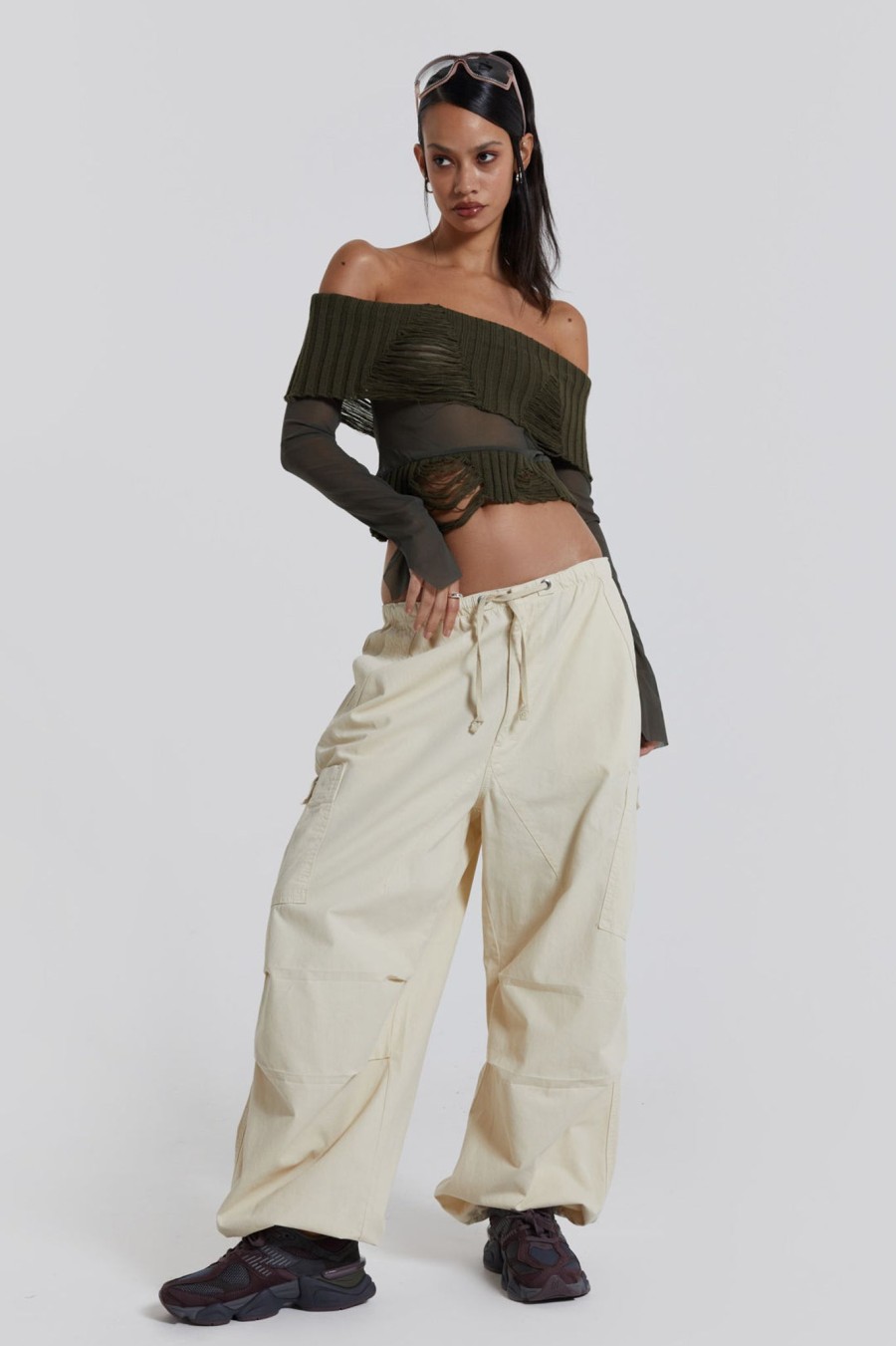 Women Jaded London Trousers & Pants | Ecru Parachute Cargo Pants