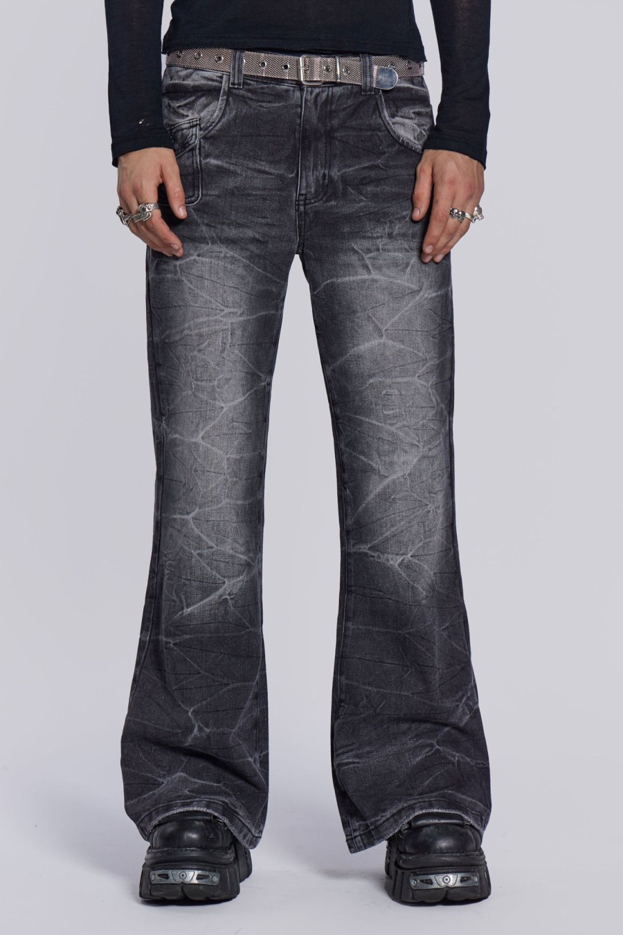 Men Jaded London Bootcut Jeans | Black Crease Blaze Jeans