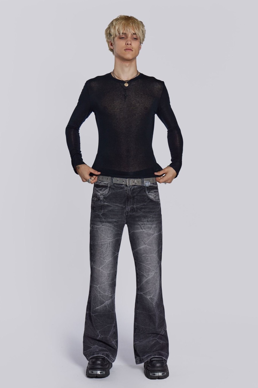 Men Jaded London Bootcut Jeans | Black Crease Blaze Jeans