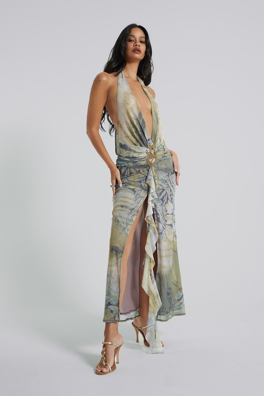 Women Jaded London Maxi Dresses | Cindy Plunge Maxi Dress In Green