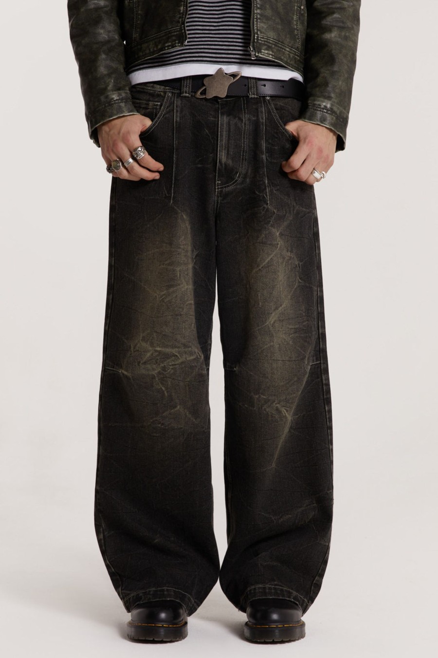 Men Jaded London Baggy Jeans | Washed Black Razor Jeans