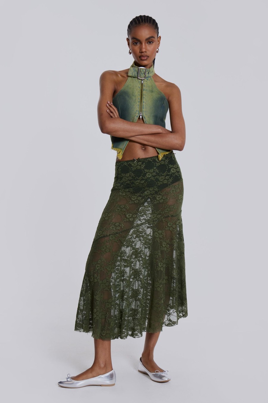 Women Jaded London Midi Skirts | Rhea Khaki Lace Midi Skirt