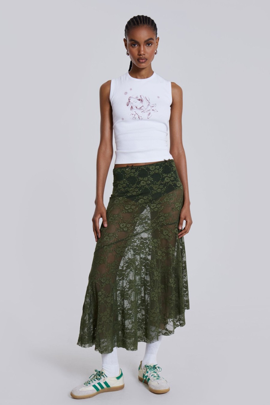 Women Jaded London Midi Skirts | Rhea Khaki Lace Midi Skirt