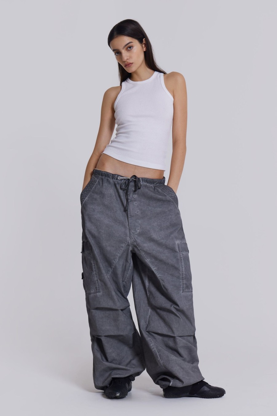 Women Jaded London Trousers & Pants | Black Oil Wash Parachute Pants