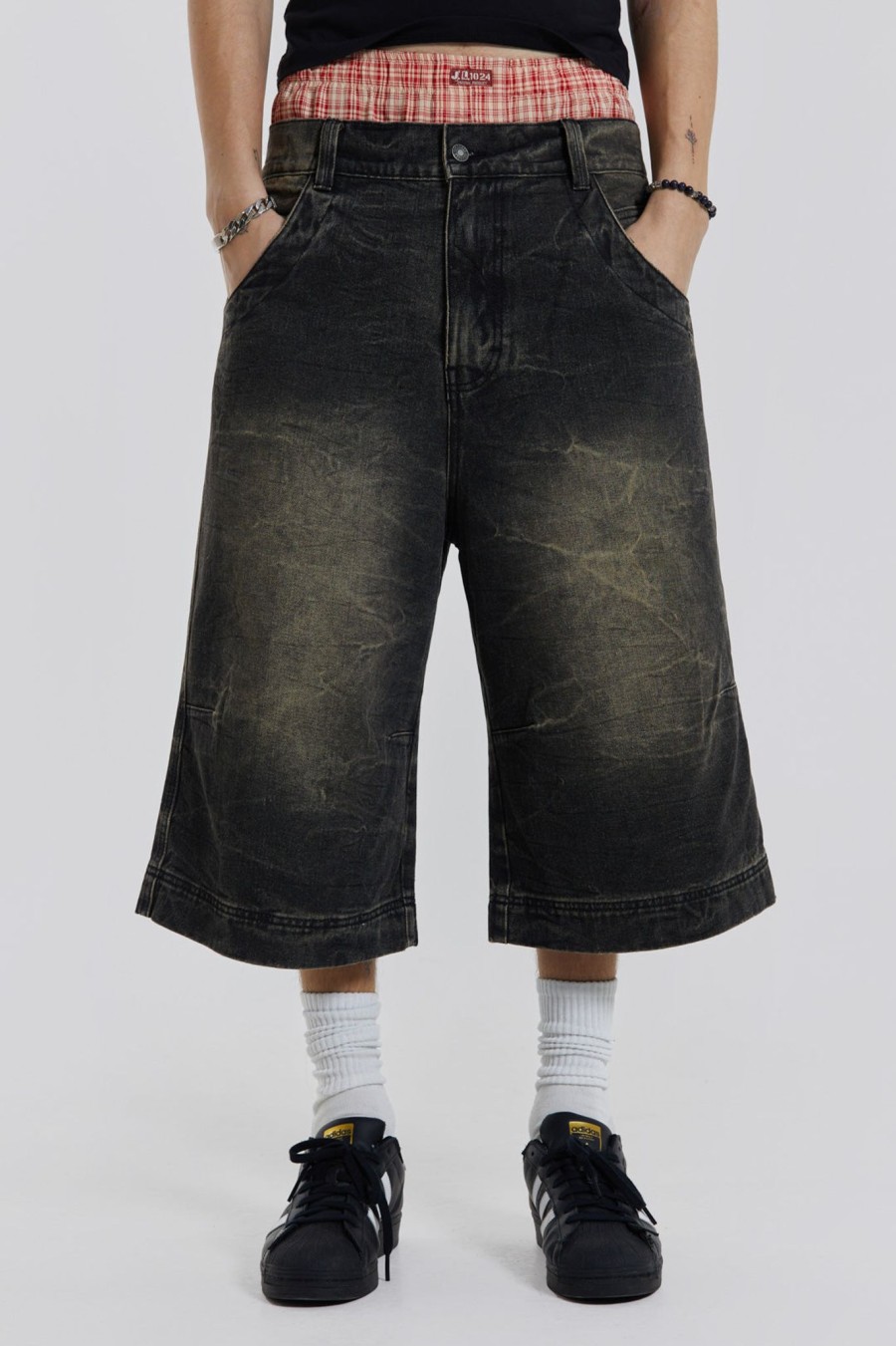 Men Jaded London Jorts | Axle Black Crease Wash Denim Jorts