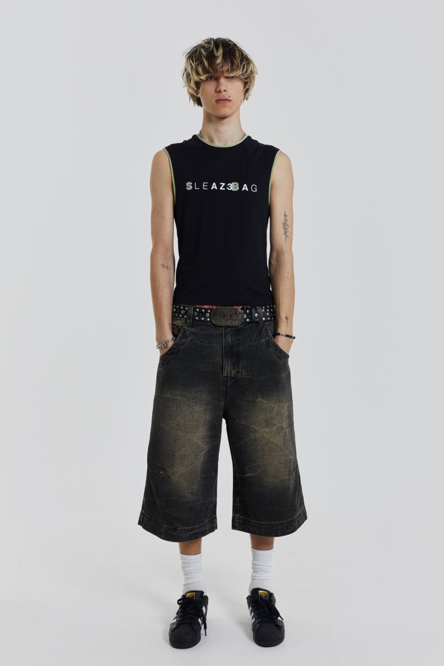 Men Jaded London Jorts | Axle Black Crease Wash Denim Jorts