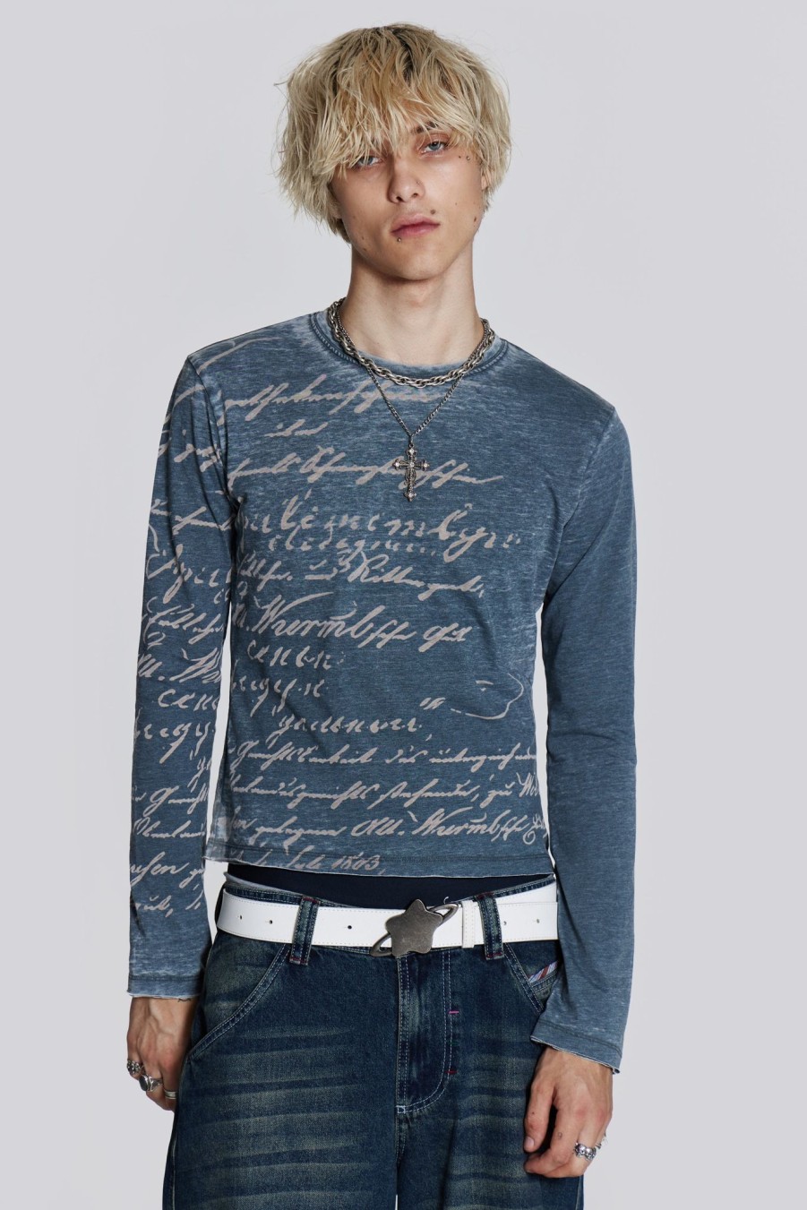 Men Jaded London T-Shirts | Burnout Handwritten Long Sleeve Tee