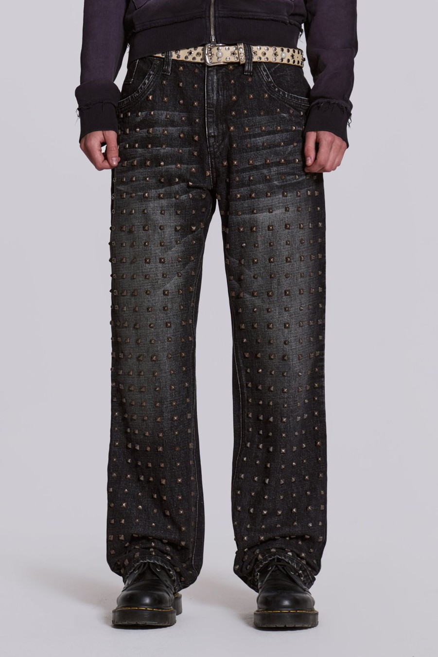 Men Jaded London Baggy Jeans | Washed Black Stud Scott Jean