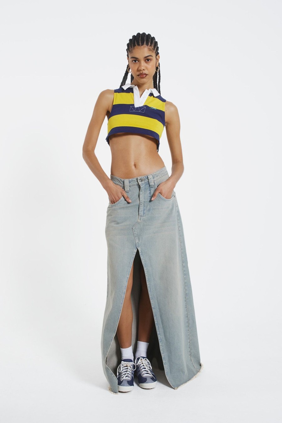 Women Jaded London Denim Skirts | Light Wash Denim Colossus Maxi Skirt