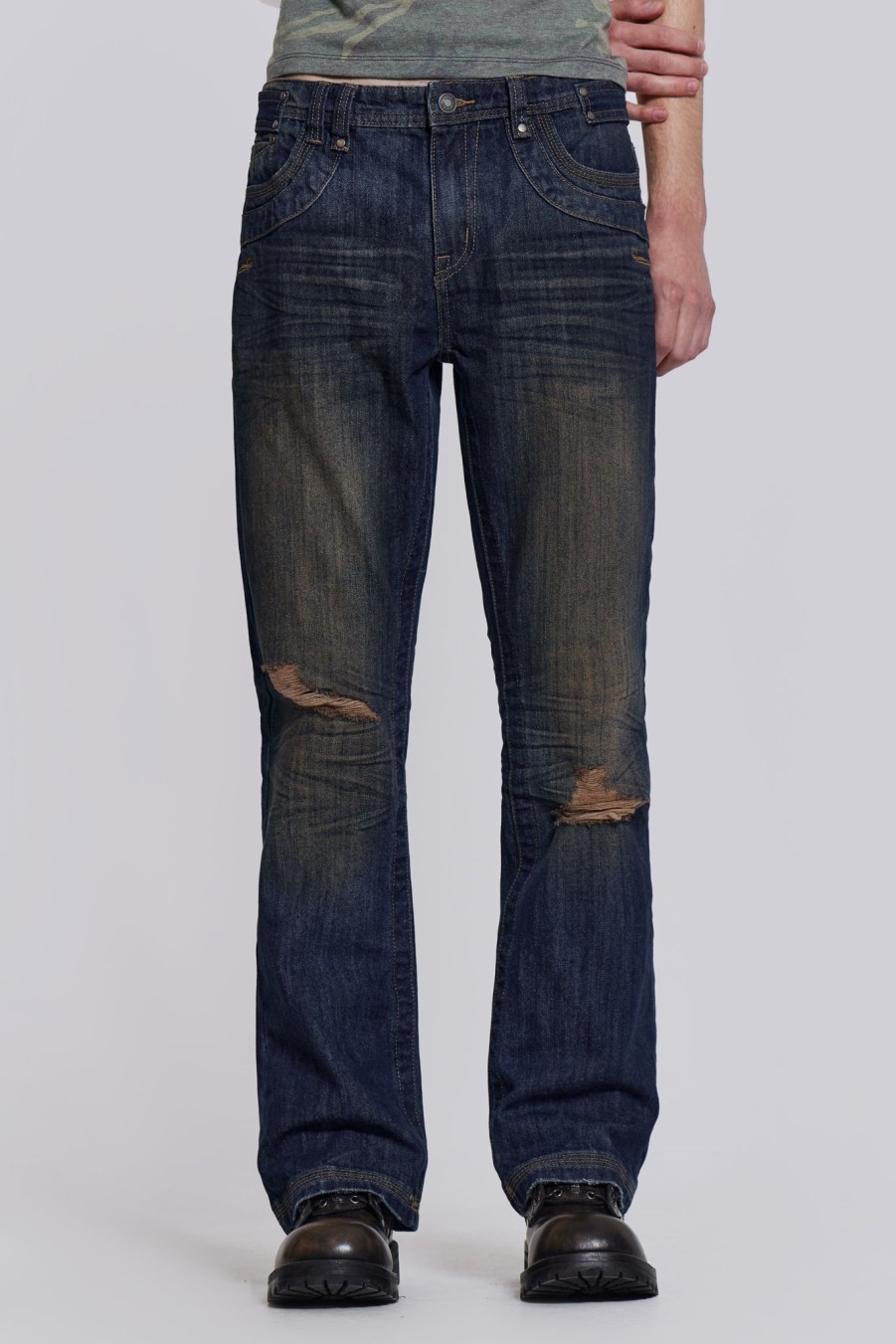 Men Jaded London Bootcut Jeans | Embroidered Bass Jeans