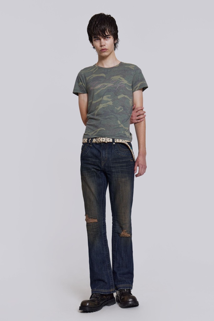 Men Jaded London Bootcut Jeans | Embroidered Bass Jeans