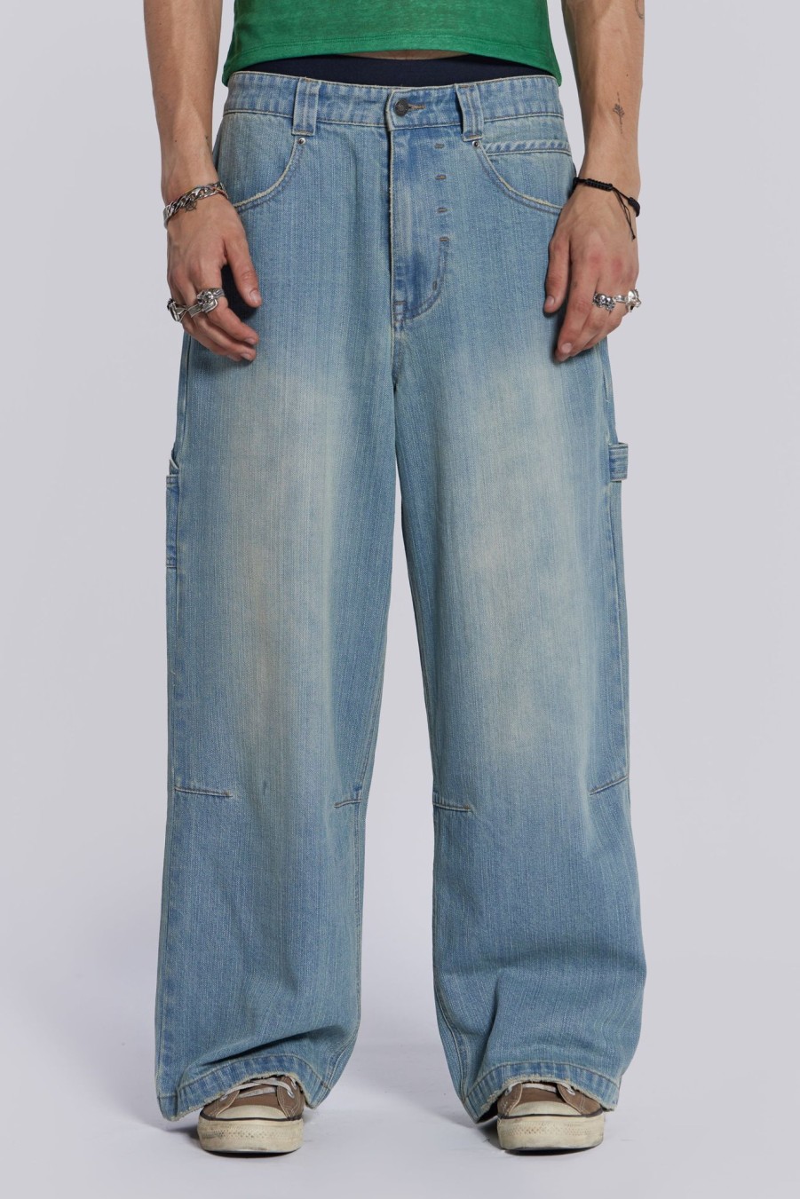 Men Jaded London Baggy Jeans | Light Wash Colossus Carpenter Jeans