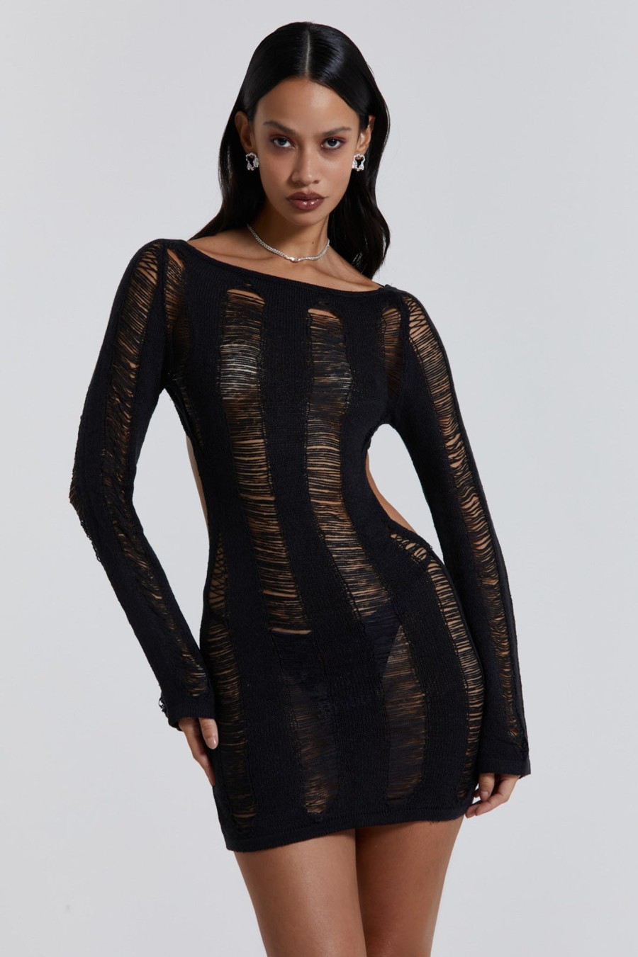 Women Jaded London Mini Dresses | Black Umbra Shredded Mini Dress