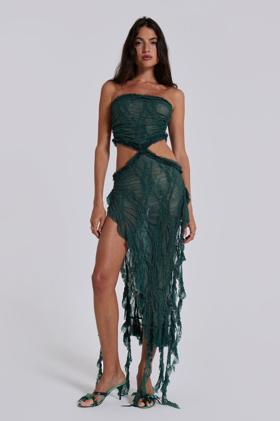 Women Jaded London Midi Dresses | Gaia Scrunch Lace Midi Dress In Forest Green