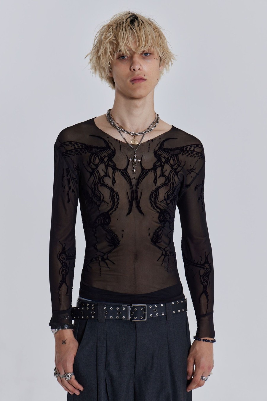 Men Jaded London T-Shirts | Black Wings Mesh Top