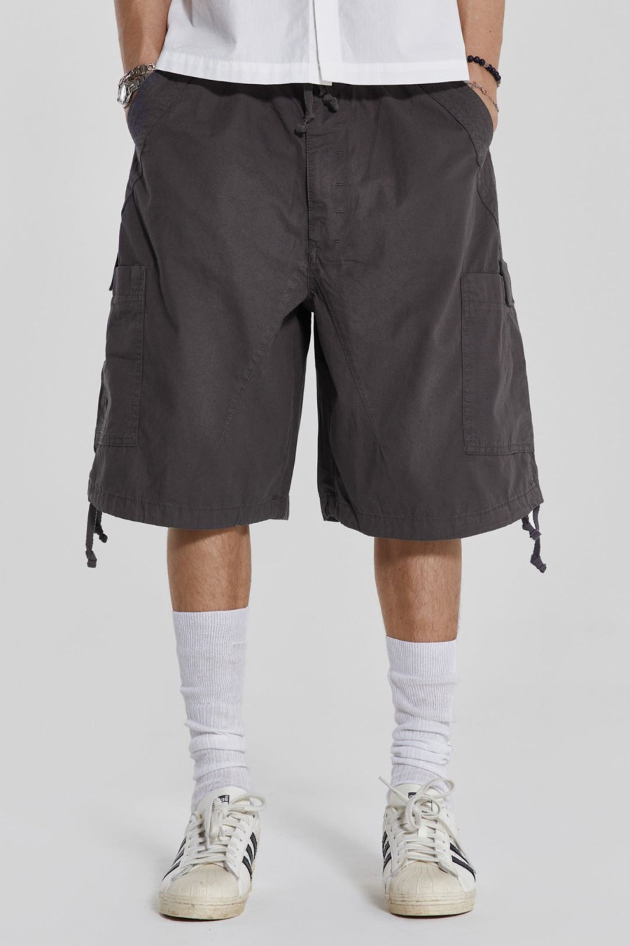 Men Jaded London Parachute Pants | Vintage Grey Parachute Cargo Shorts