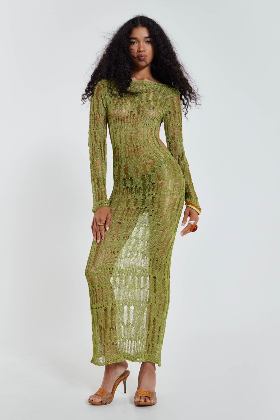 Women Jaded London Maxi Dresses | Moss Green Metallic Umbra Maxi Dress