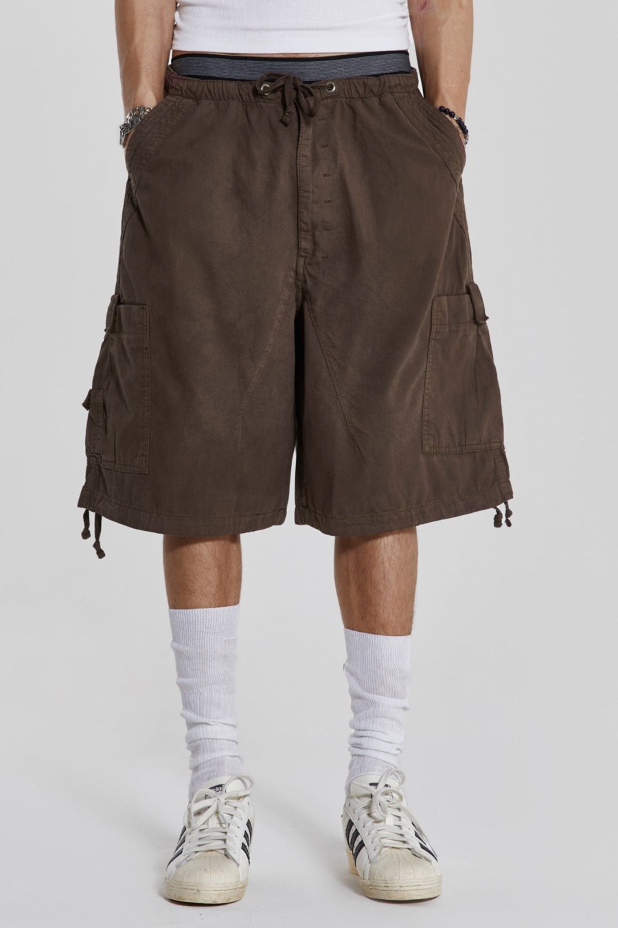 Men Jaded London Parachute Pants | Brown Parachute Cargo Shorts