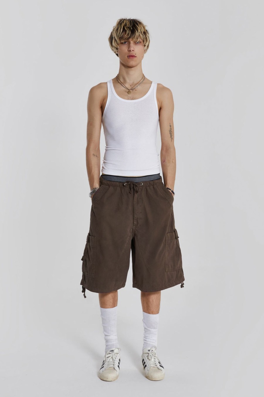 Men Jaded London Parachute Pants | Brown Parachute Cargo Shorts