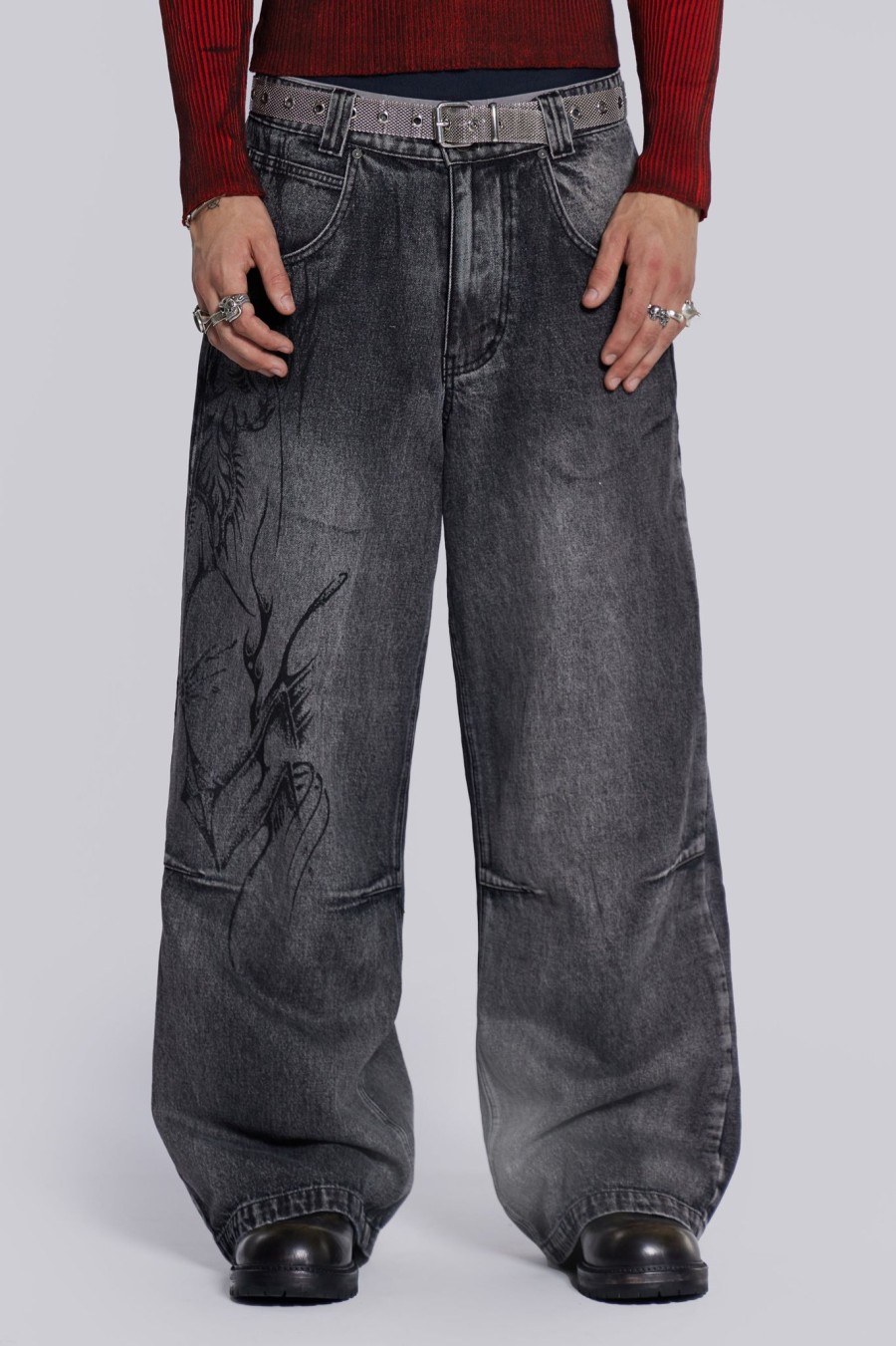 Men Jaded London Baggy Jeans | Black Decal Colossus Jeans