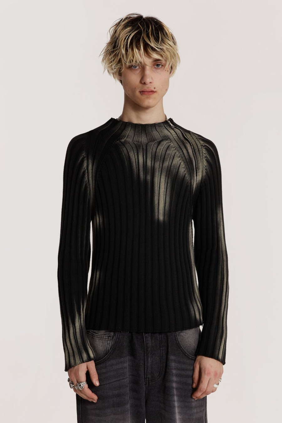 Men Jaded London | Black Luster Asymmetric Knit