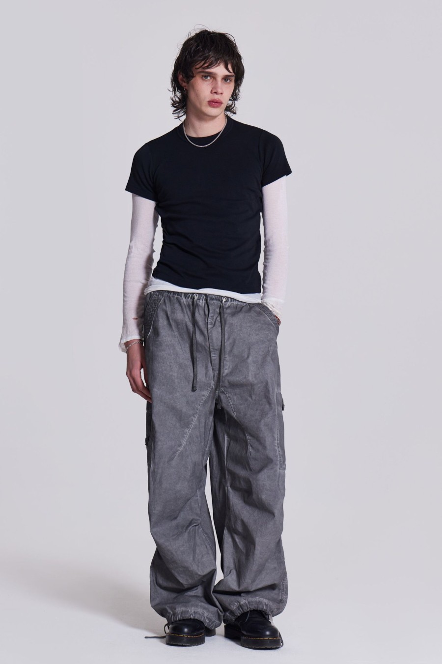 Men Jaded London Parachute Pants | Black Oil Wash Parachute Pants