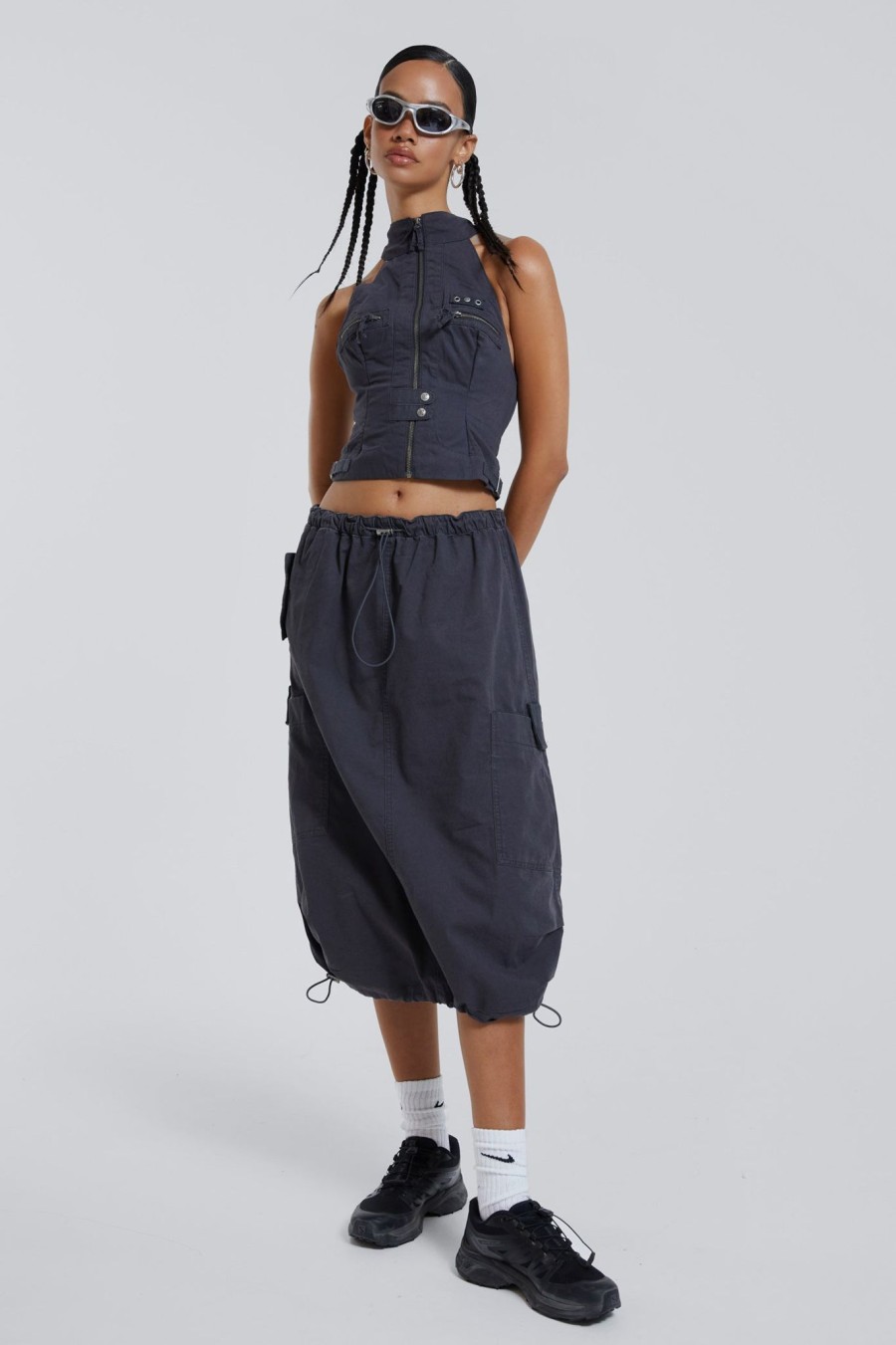 Women Jaded London Parachute Pants | Vintage Grey Midi Cargo Skirt