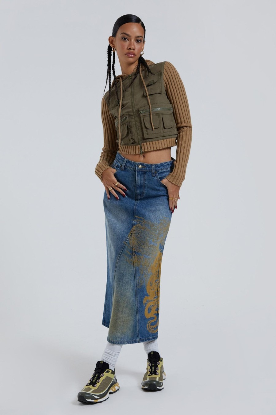 Women Jaded London Denim Skirts | Serpent Denim Slit Maxi Skirt