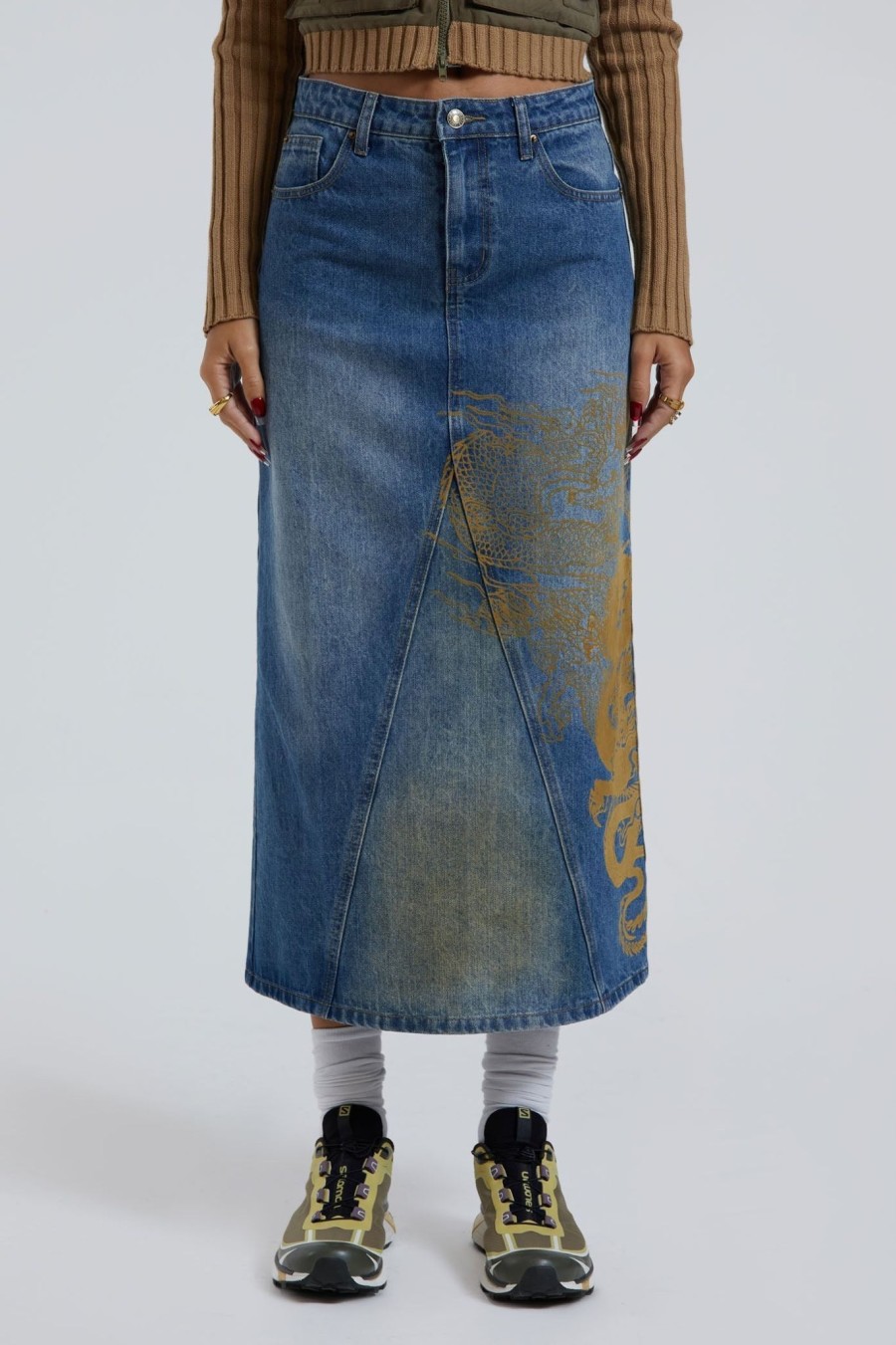 Women Jaded London Denim Skirts | Serpent Denim Slit Maxi Skirt