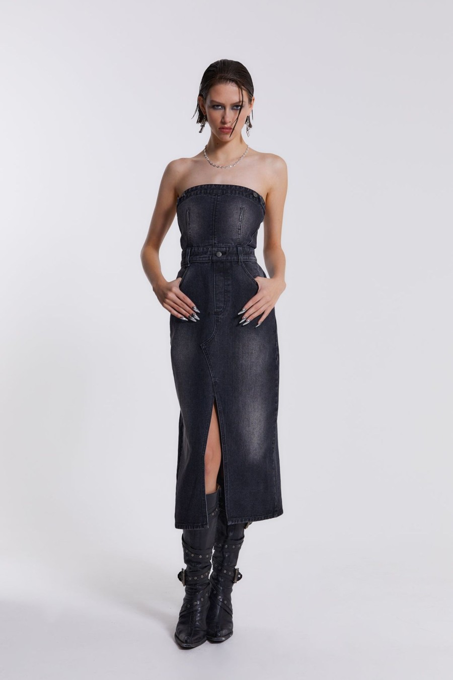 Women Jaded London | Liberty 2 In 1 Detachable Denim Black Midi Dress