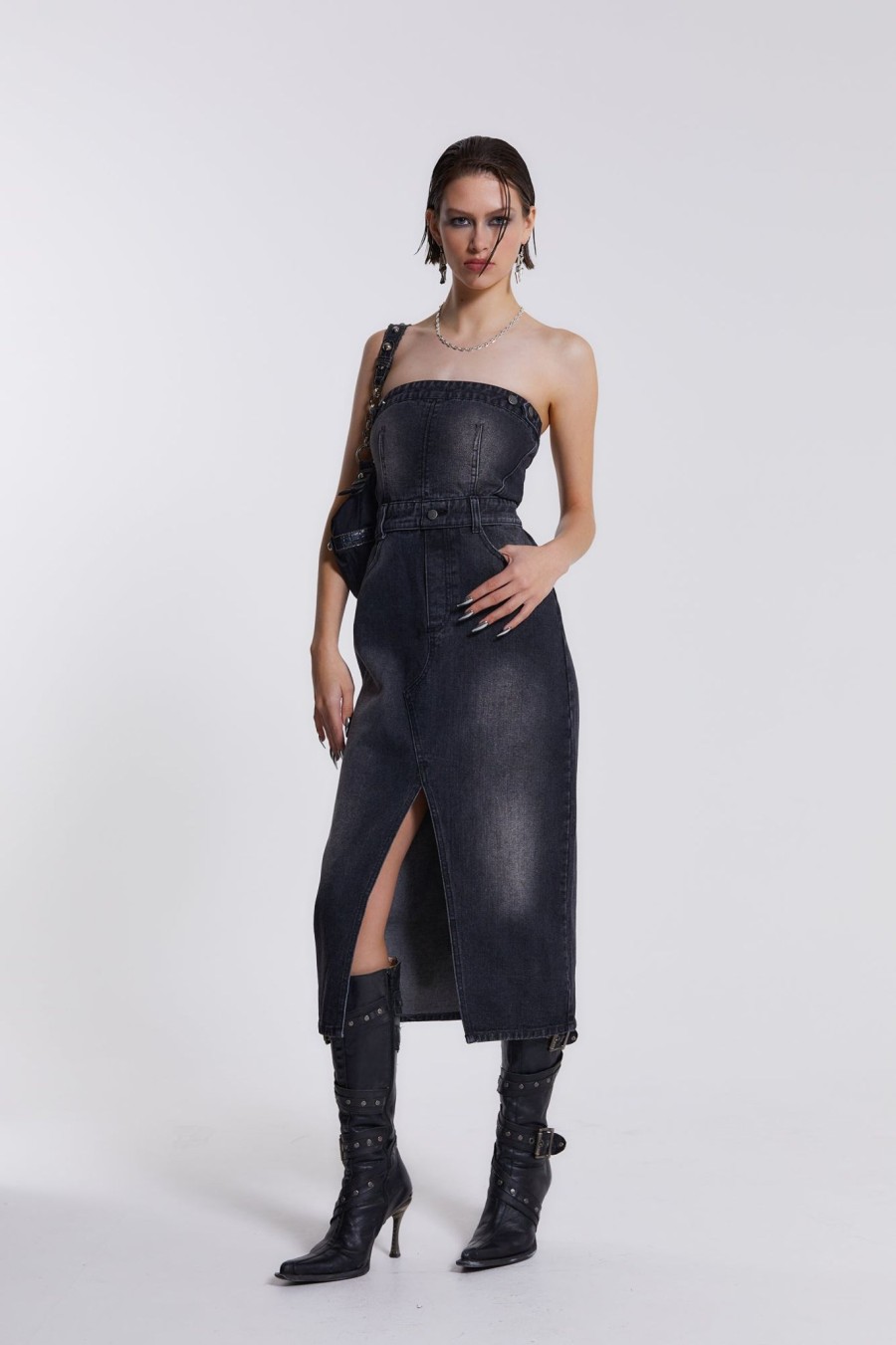 Women Jaded London | Liberty 2 In 1 Detachable Denim Black Midi Dress